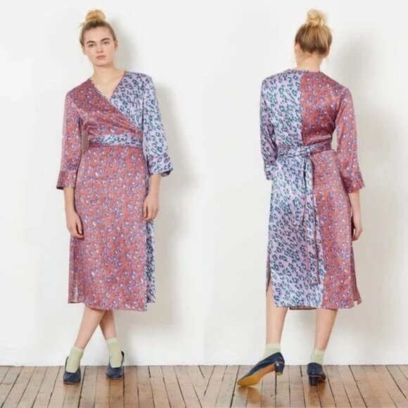 Rachel Antonoff Willow Midi Wrap Dress in Lilac Leopard Small